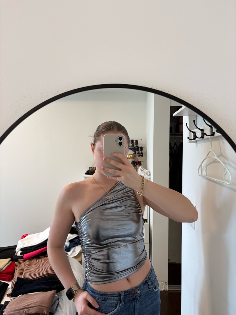 Cider Metallic Silver One-Shoulder Ruched Camisole